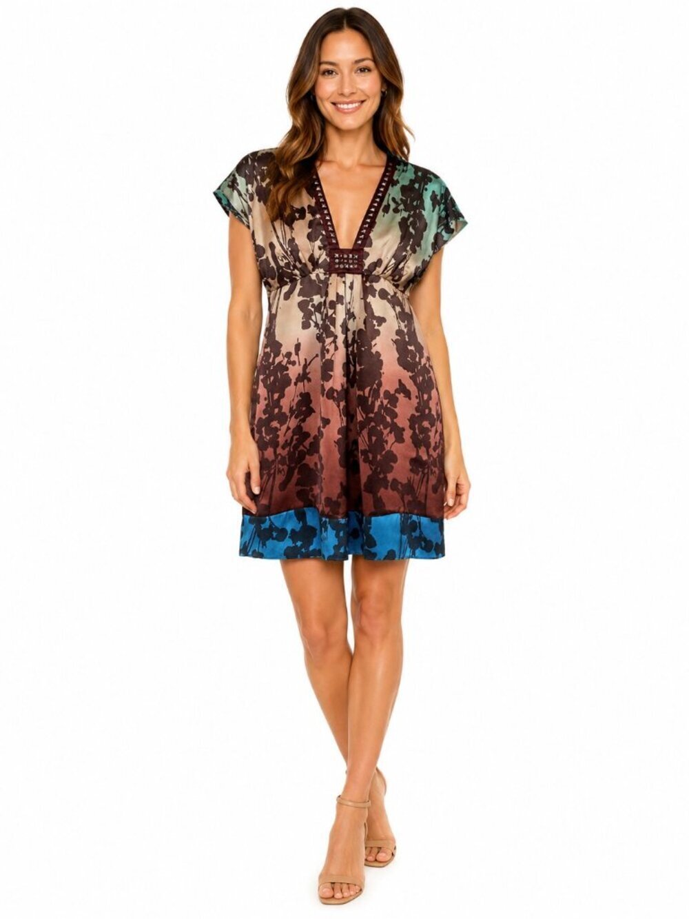 Hale Bob Brown Blue Abstract Print Embellished Silk Dress